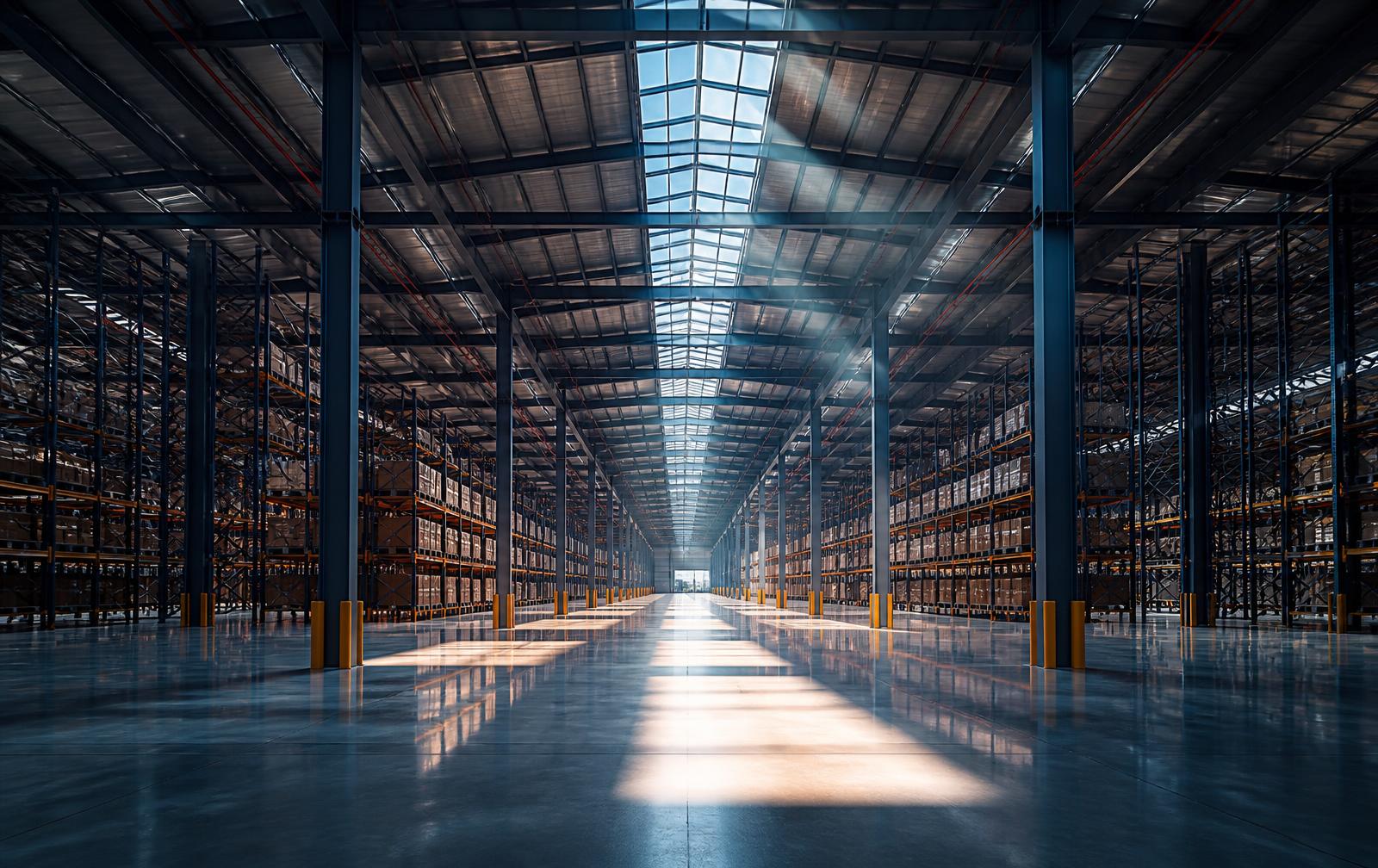 Expansive modern logistics warehouse with high-bay storage