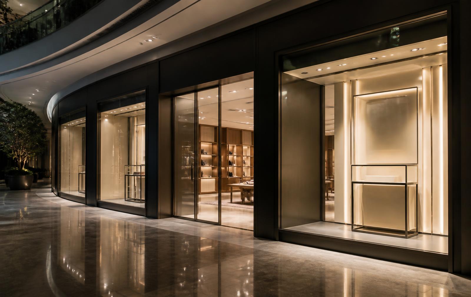 Premium retail storefront with illuminated display windows