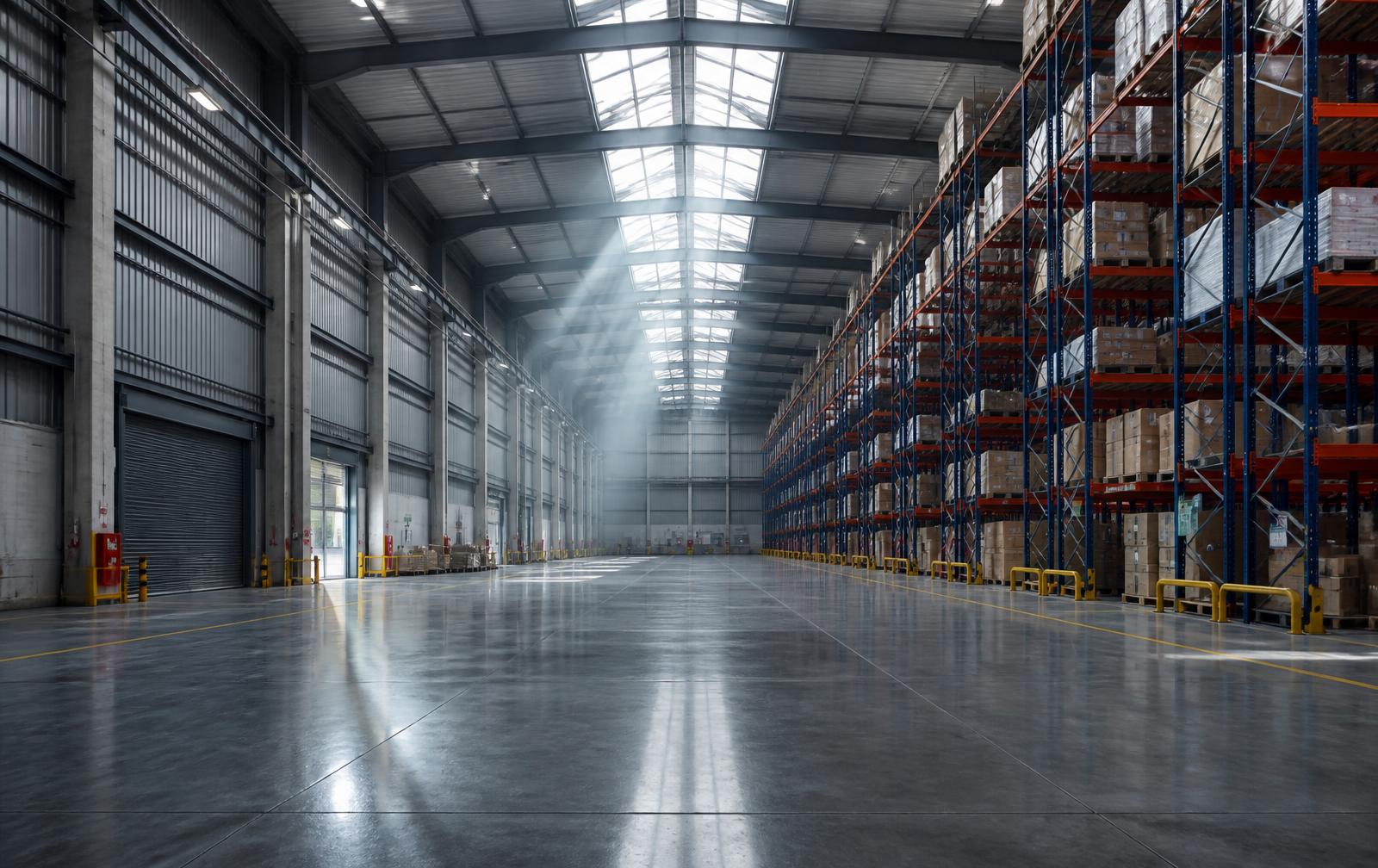 Modern logistics warehouse interior with tall racking